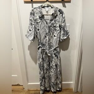Chico's Floral Bird Botanical Print Cotton Short Sleeve Maxi Shirt Dress